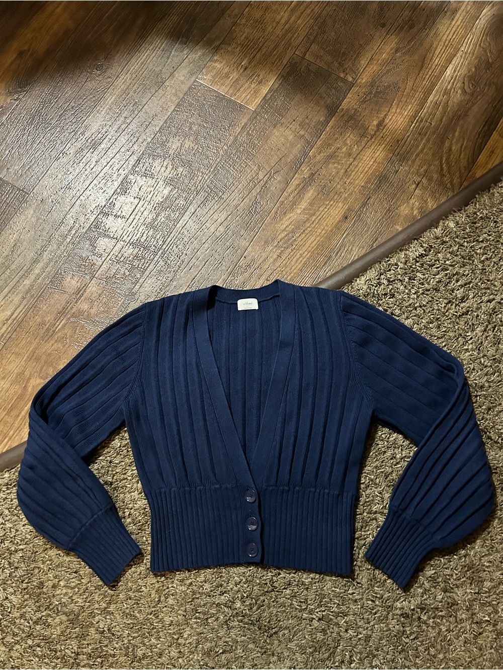 Aritzia Wilfred Navy Plunge Button Cardigan Merino Wool Sweater — Size Large